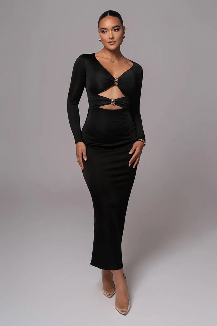 Fitted Shaping Fabric Maxi Dress with Cutouts and Buckles - Lauren