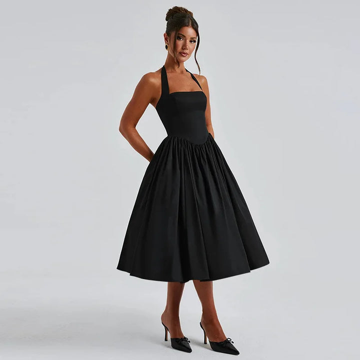A-line midi dress with open back and neck tie - Angie