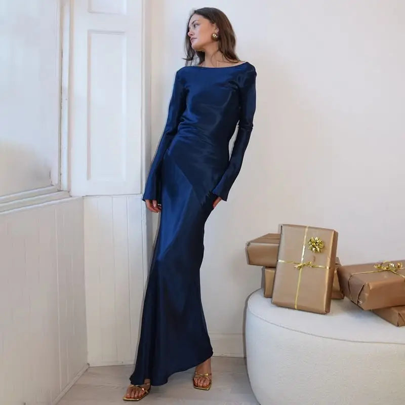 Maxi satin evening dress with open back, slit, and bell sleeves - Marian