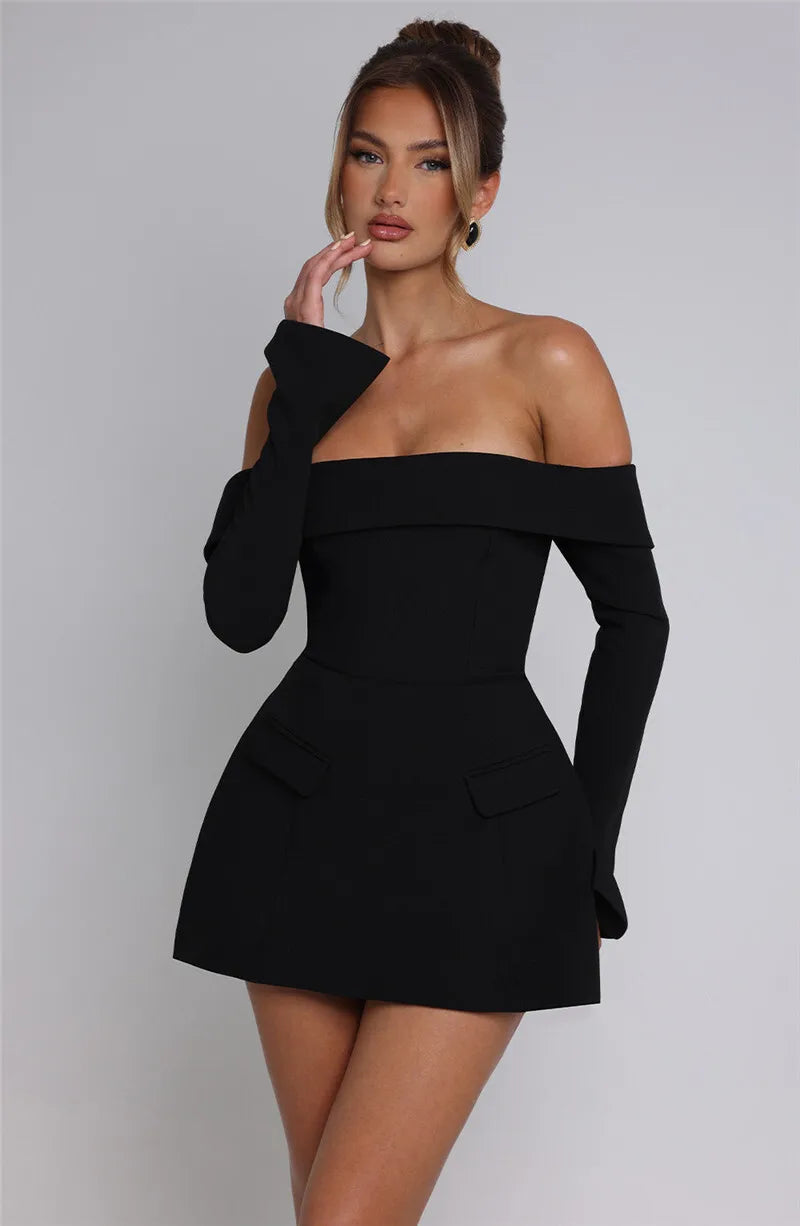 A-line off-shoulder mini dress with faux pocket design - Macy