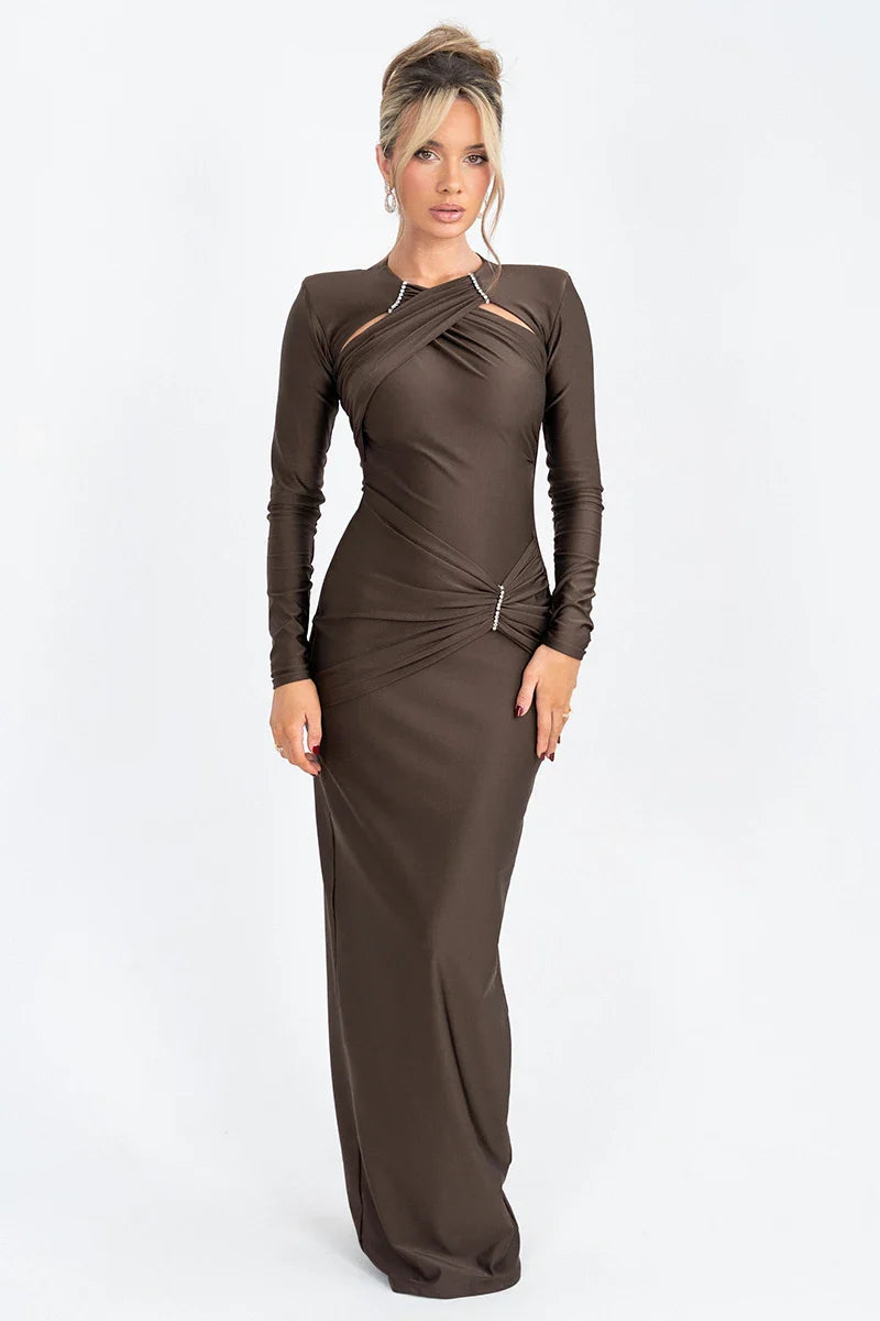 Shaping Fabric Maxi Dress with Ruched Decoration and Rhinestone Buckles - Sadie