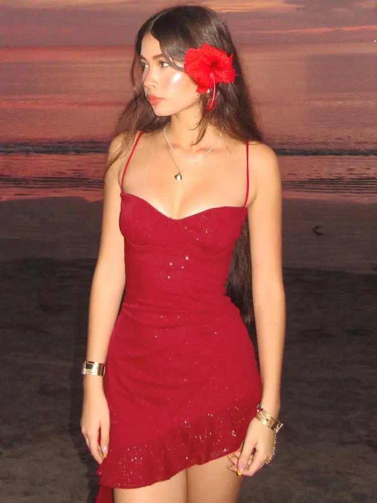 Mini sequin dress with asymmetric ruffle decoration - Kesem