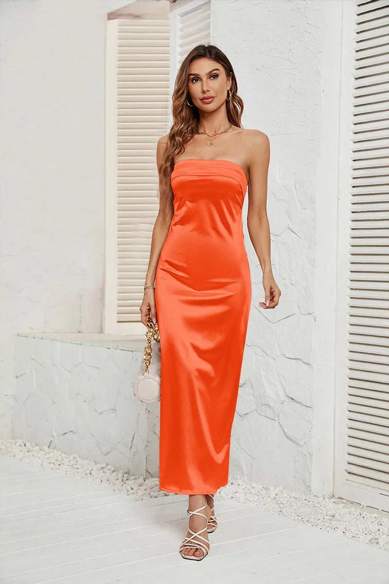 Strapless satin maxi dress with open back - ANATALYA