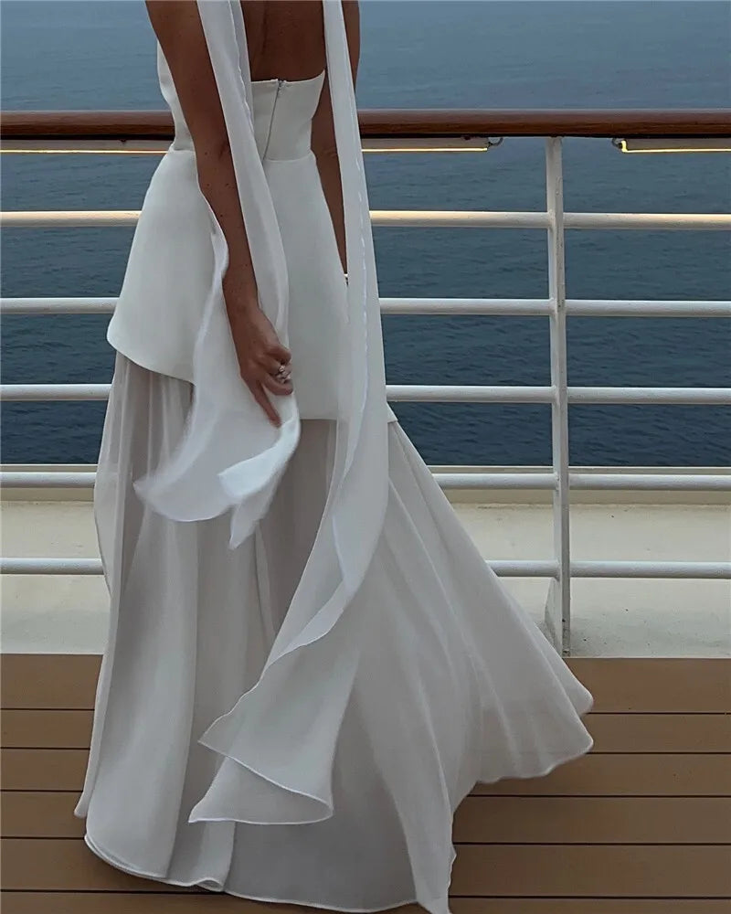 Strapless Maxi Dress with Chiffon Bottom, Slit Design, and Matching Scarf Detail - Princess