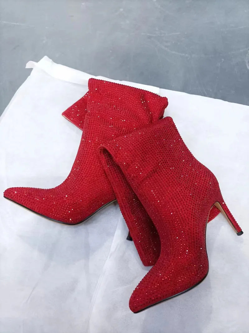 High Pointed Heel Boots with Sparkling Rhinestone Design - Josie
