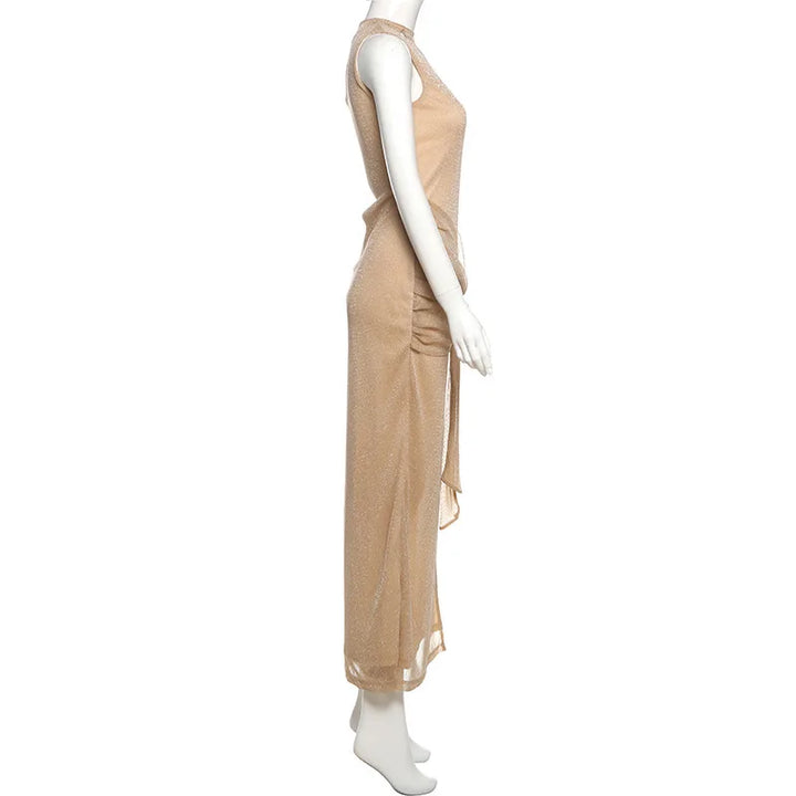 Maxi Mesh Sequin Dress with Ruching and Tie Detail with Slit - August