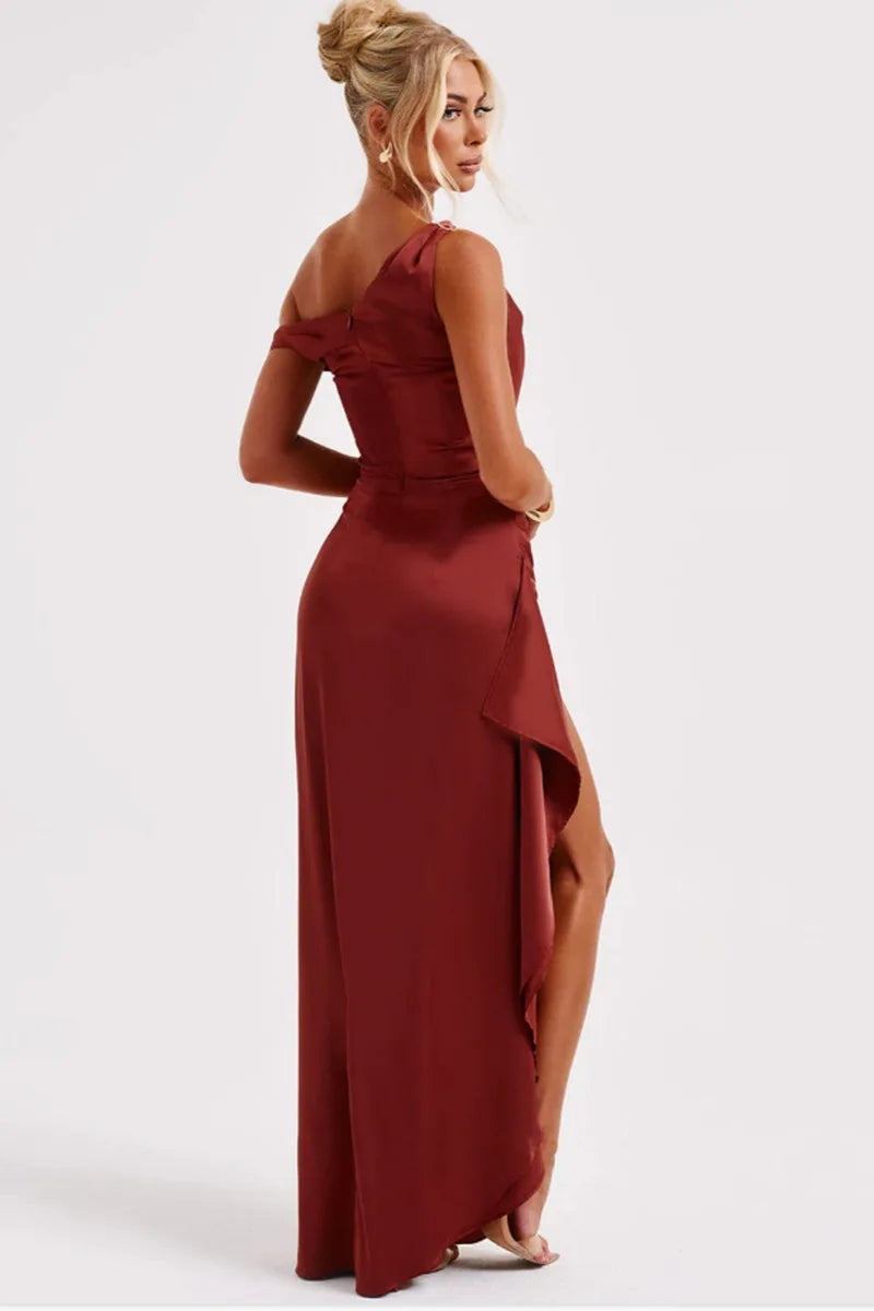 Satin Maxi Dress with Slit and One Shoulder Design - Emiliana