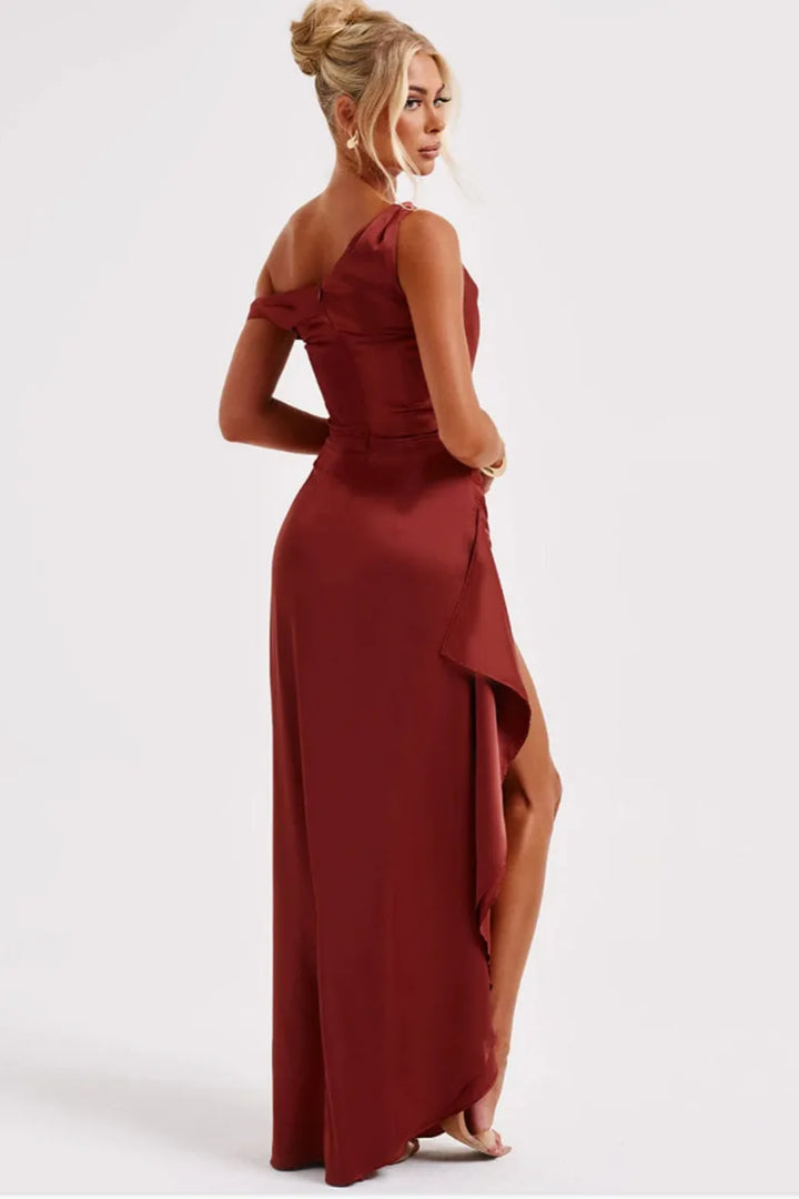 Satin Maxi Dress with Slit and One Shoulder Design - Emiliana