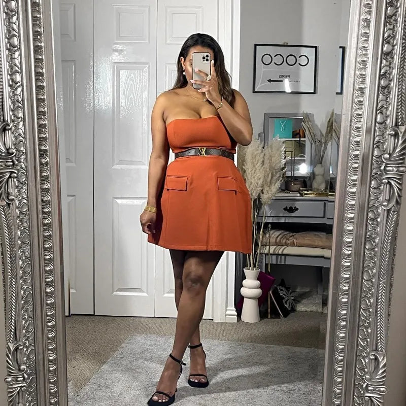Strapless A-Line Mini Dress with Faux Pocket Detail - Angeles