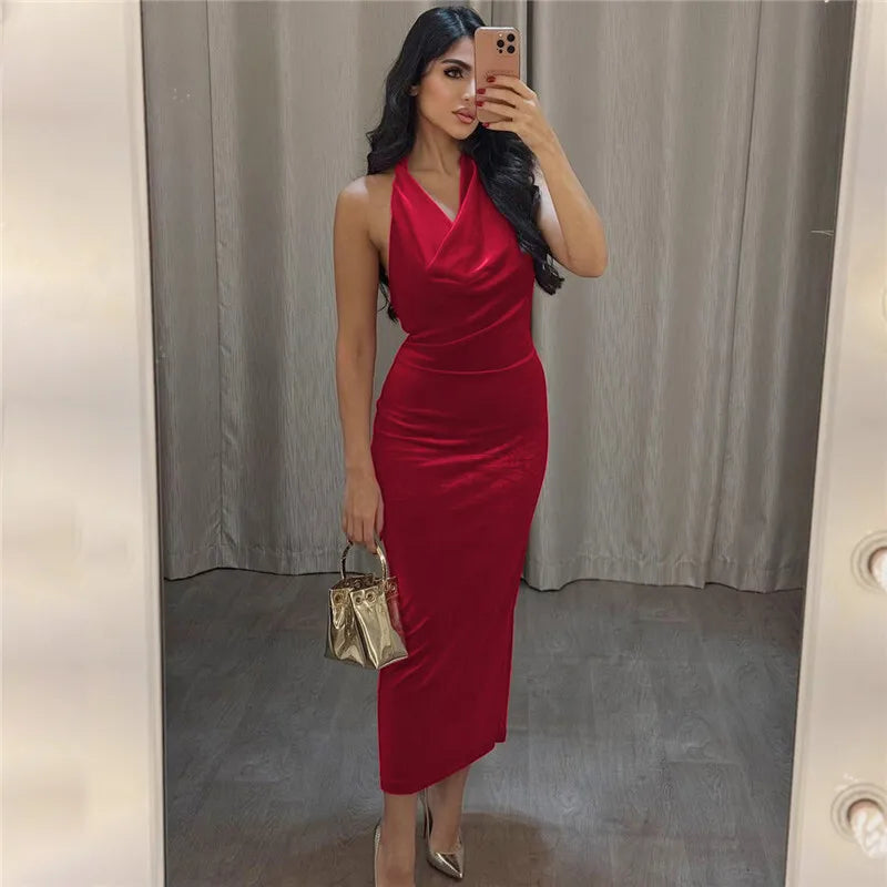 Maxi Velvet Dress with Dropped Collar and Open Back - Marla