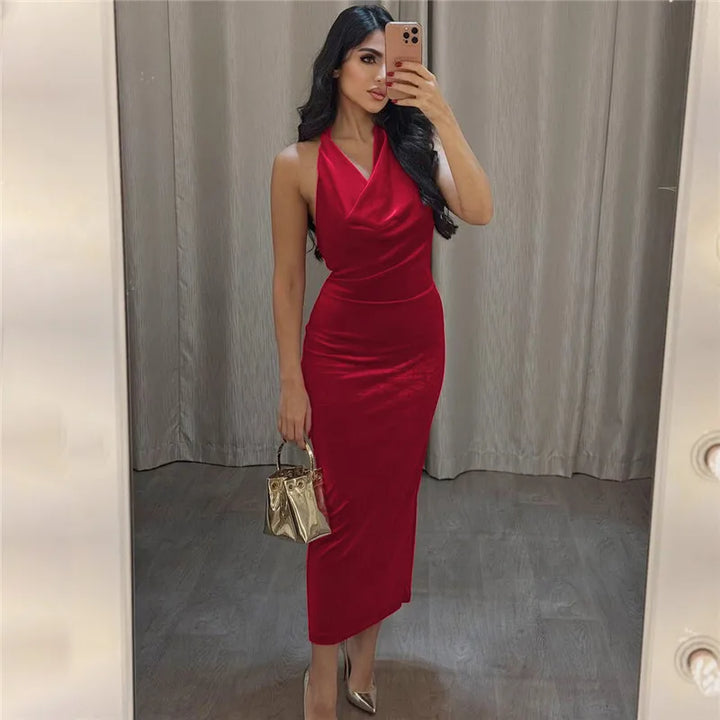 Maxi Velvet Dress with Dropped Collar and Open Back - Marla