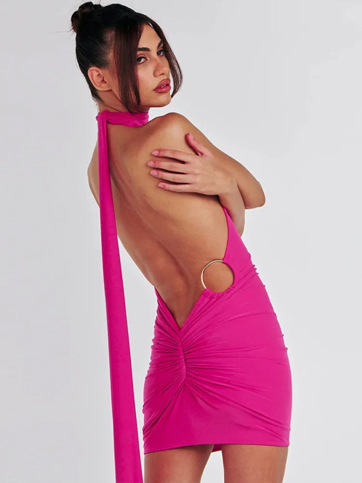 Mini dress with ruching, open back, and hoop decoration - CAROLINA