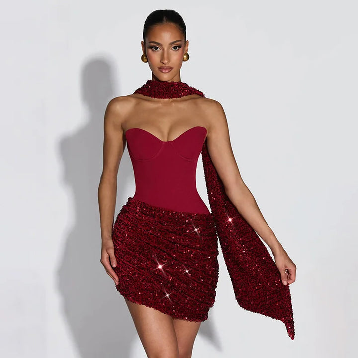 Mini dress with sequin design and scarf detail - GIGI
