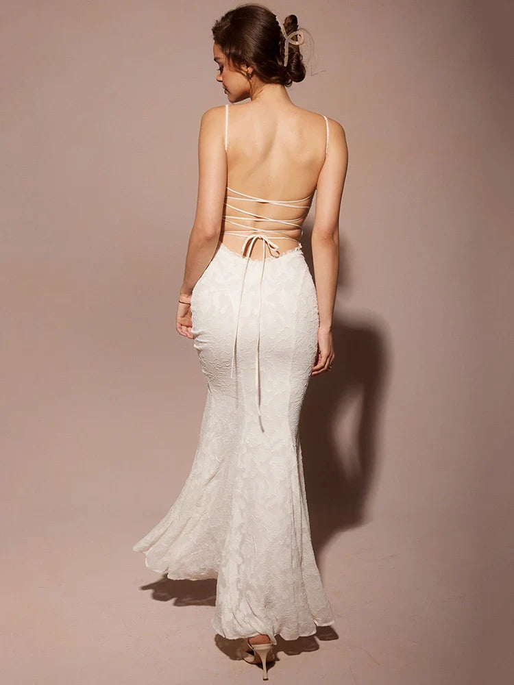 Chiffon Maxi Dress with Leaf Embroidery and Back Tie Design - BLANCA