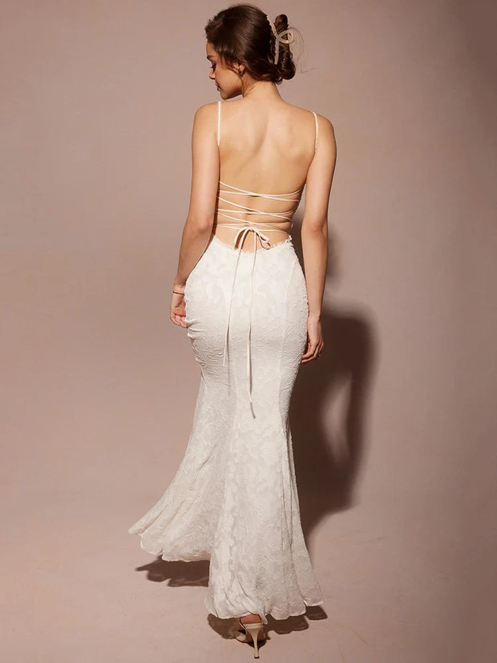 Chiffon Maxi Dress with Leaf Embroidery and Back Tie Design - BLANCA