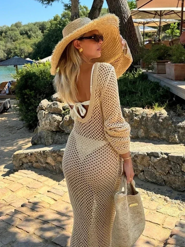 Mesh Maxi Beach Dress with Open Chest/Back - Amber