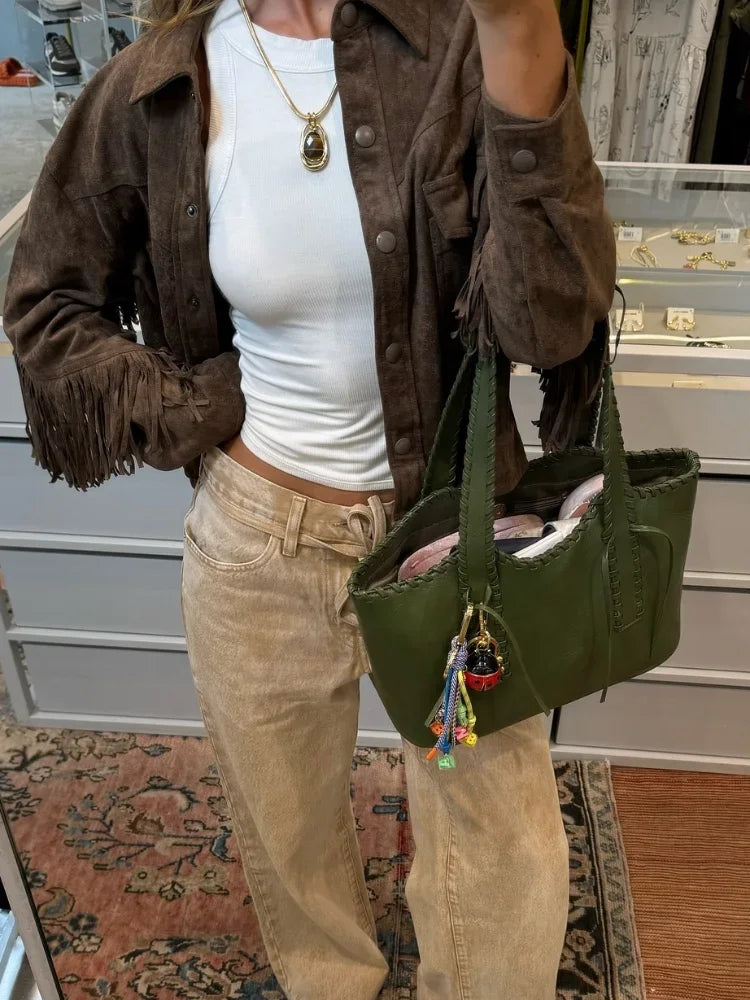 Suede Jacket with Fringe Design - Brown