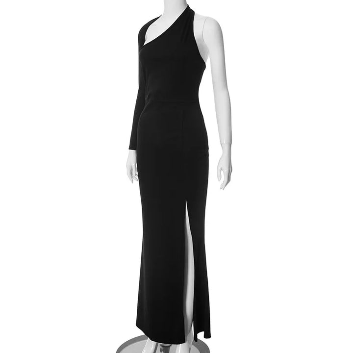 Asymmetric maxi evening dress with deep slit and one sleeve - Eva