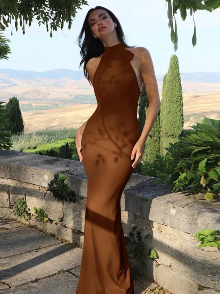 Knitted Collar Maxi Dress with Flower Decoration and Open Back - Amalia