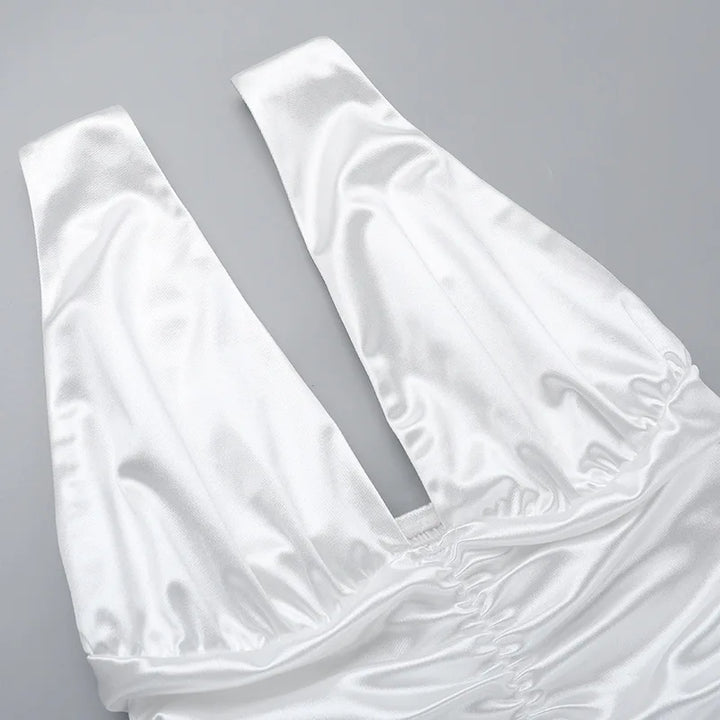 Satin mini dress with ruching and tie design on the straps - Celia