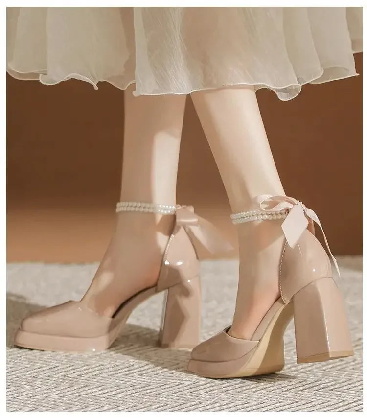 Shiny Faux Leather High Heels with Pearl and Bow Decoration - Vivian
