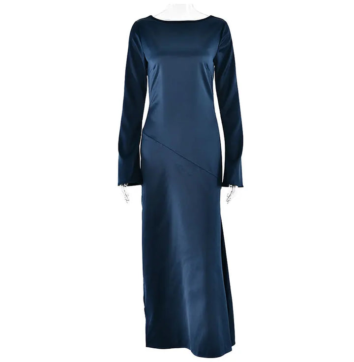 Maxi satin evening dress with open back, slit, and bell sleeves - Marian