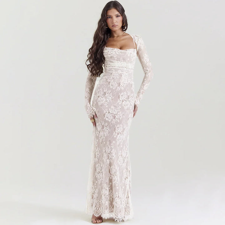 Elegant Maxi Lace Dress with Lace Sleeve Overlay - Ilia