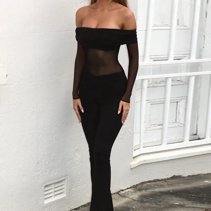 Shaping fabric jumpsuit with mesh design and off-shoulder pedal pants - Maya Lee