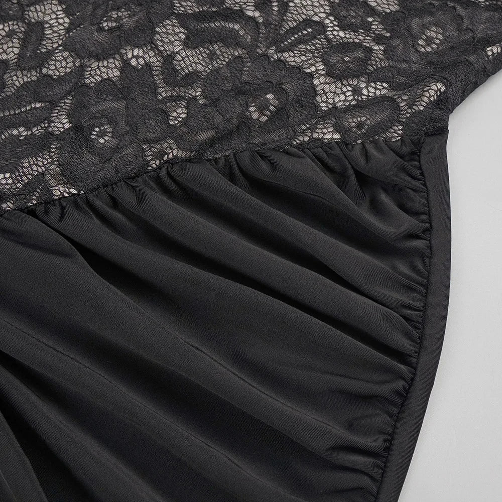 Maxi Dress with Ruching, Collar Cut, Opaque Lace Design, and Open Back - Elliana