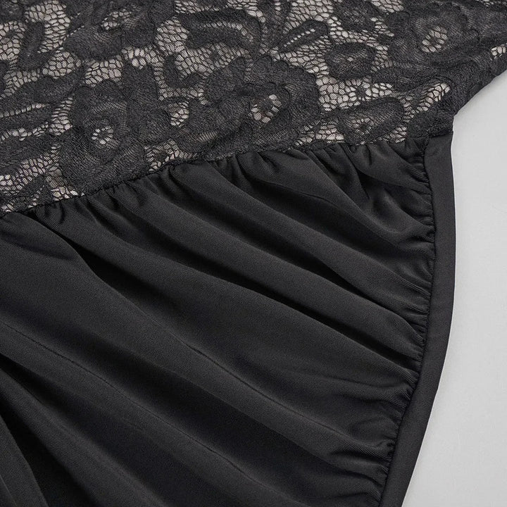 Maxi Dress with Ruching, Collar Cut, Opaque Lace Design, and Open Back - Elliana