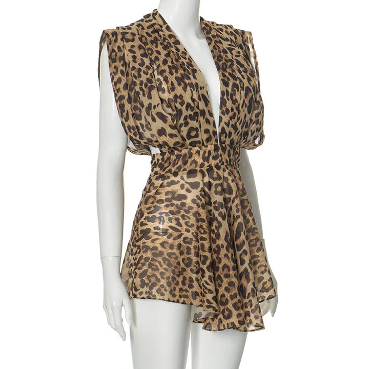Short Spotted Chiffon Jumpsuit with Deep V-Neck Mini Dress Design - Jill