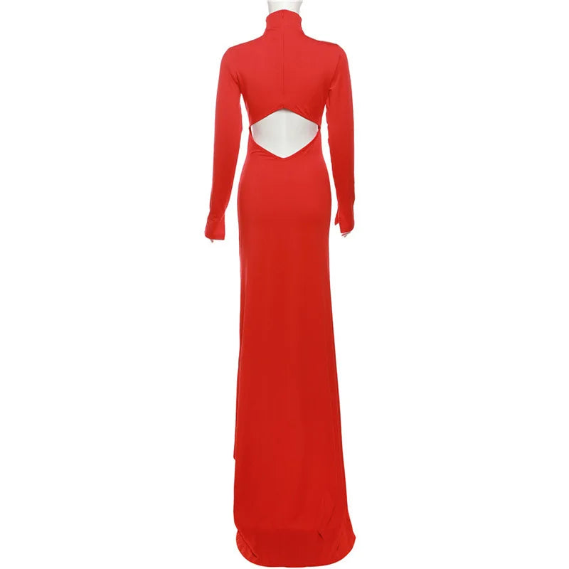 Elegant maxi dress with turtleneck and open belly - Rojo