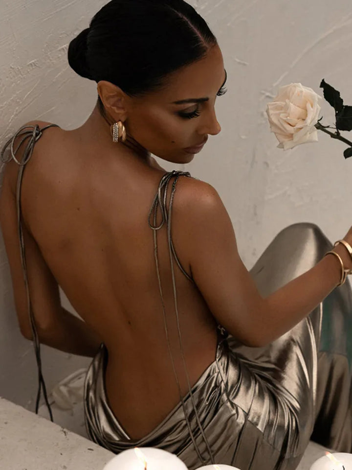 Metallic bronze maxi dress with tie shoulder straps and open back - Nancy