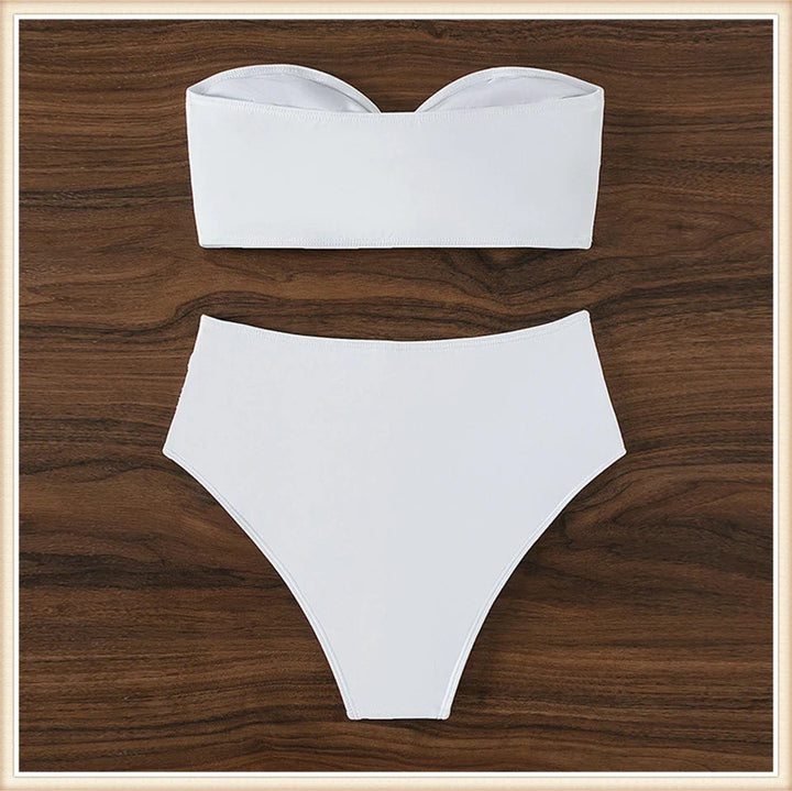 Strapless Bikini Top with Flower Decoration and High-Waist Shaping Bottom - Vanilla