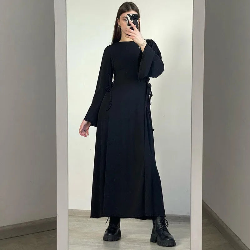 Modest knitted A-line maxi dress with waist ties - Liri