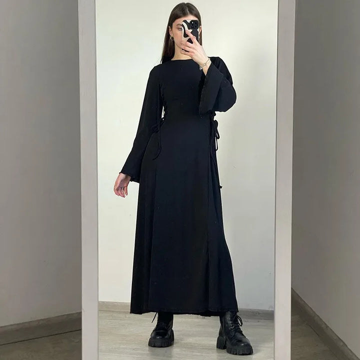 Modest knitted A-line maxi dress with waist ties - Liri
