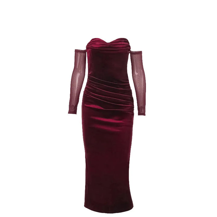 Velvet midi dress with pleats, off-shoulder, and mesh sleeves - Johanna