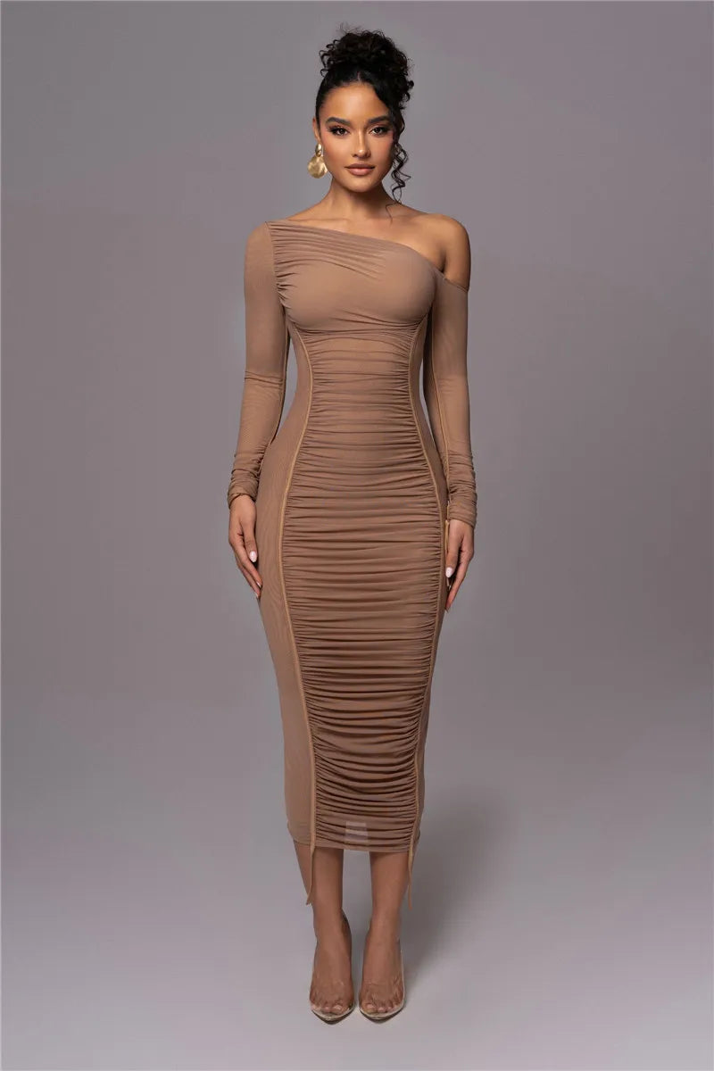 Midi ruched dress with asymmetrical neckline - LOV