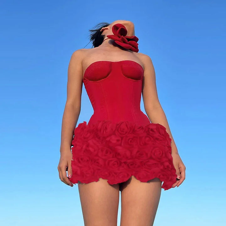 Strapless mini dress with corset design and 3D floral skirt - Loretta