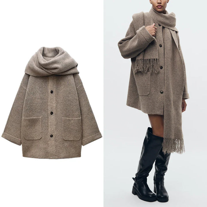 Wool Coat with Scarf Design, Button and Pocket Details - Lorenzo