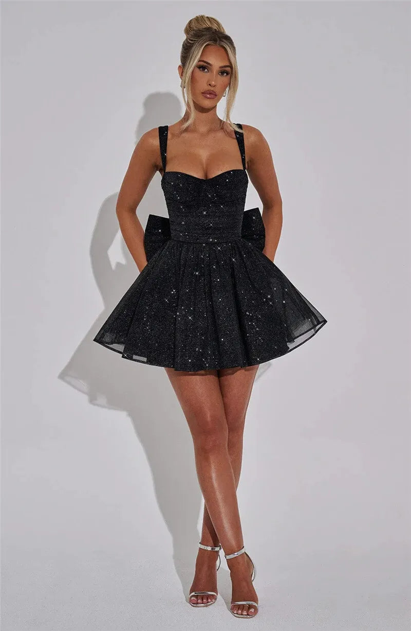A-Line Ruffled Mini Sequin Dress with Bow Detail - Isabel