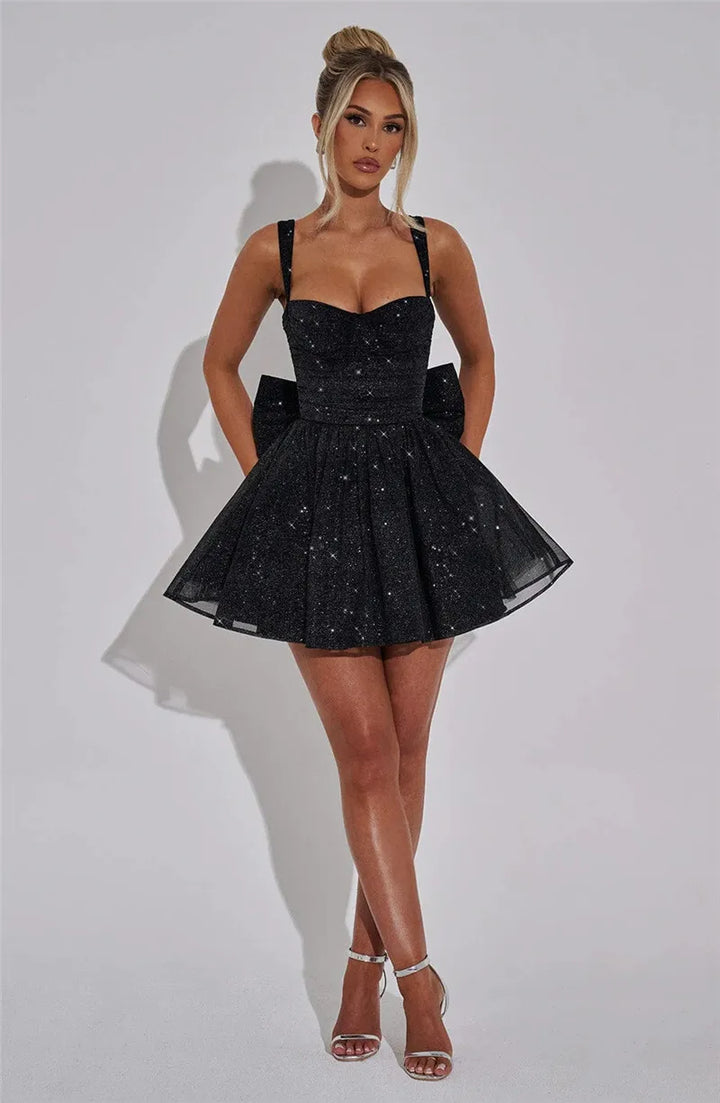 A-Line Ruffled Mini Sequin Dress with Bow Detail - Isabel