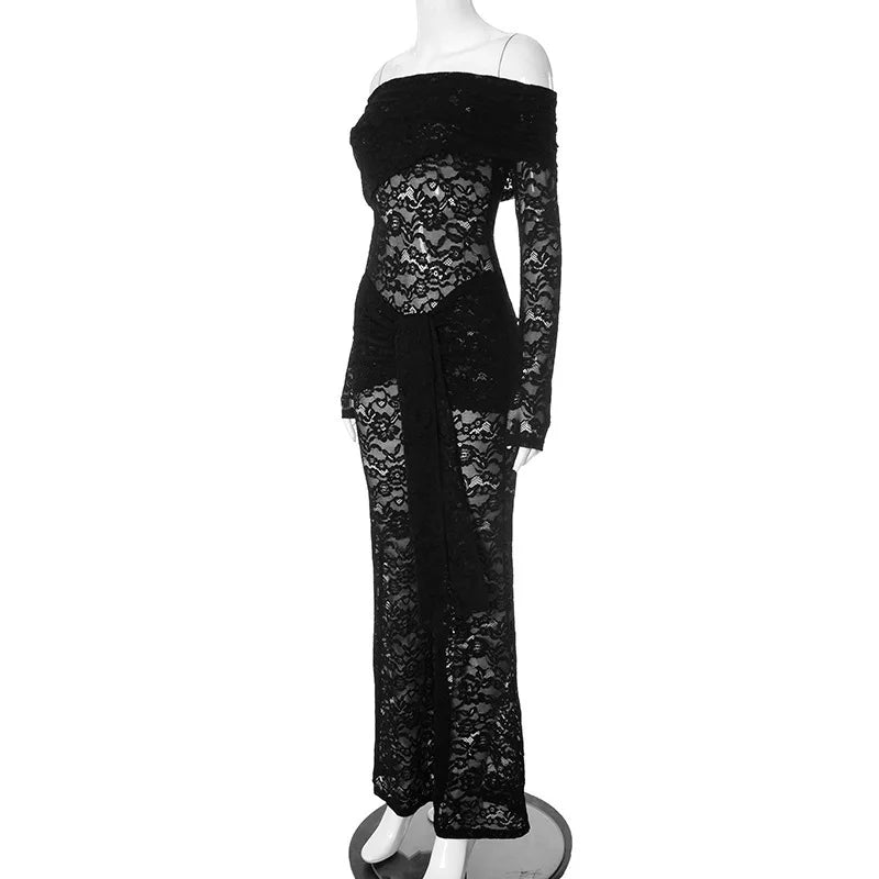 Lace jumpsuit with train and off-shoulder design - Gefen