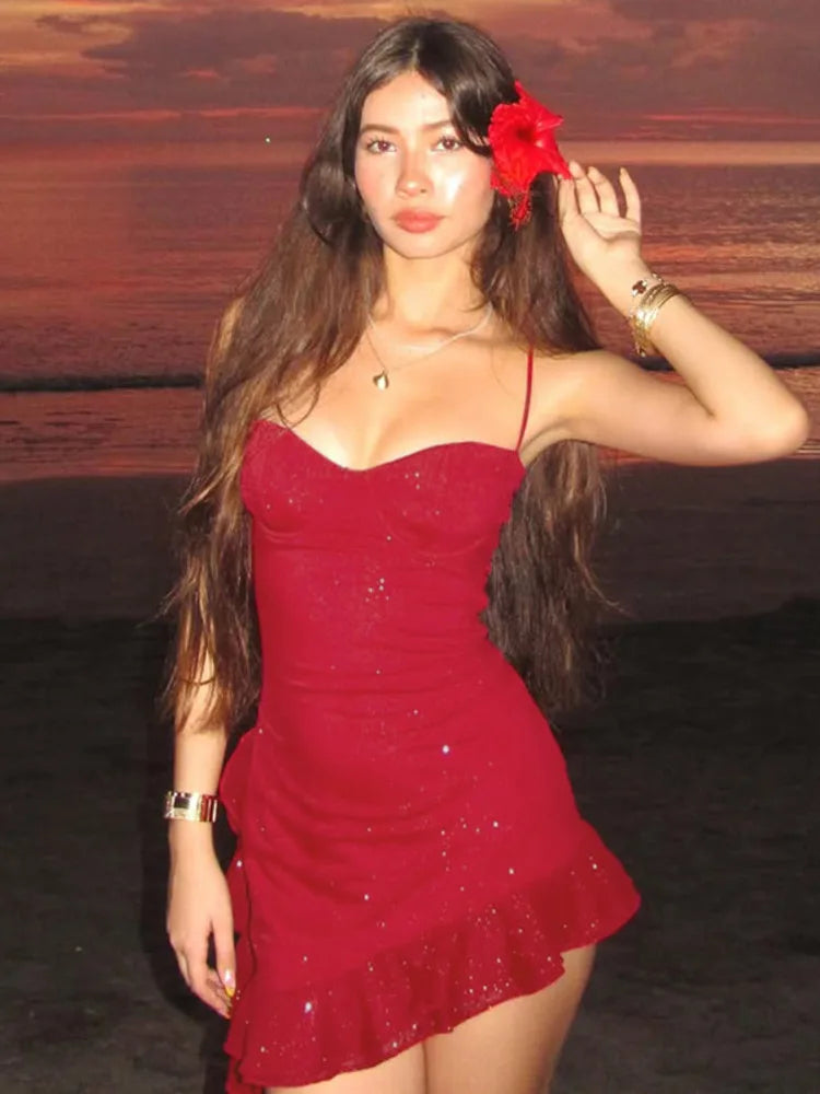 Mini sequin dress with asymmetric ruffle decoration - Kesem