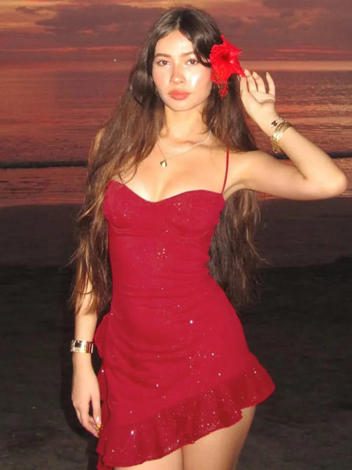 Mini sequin dress with asymmetric ruffle decoration - Kesem