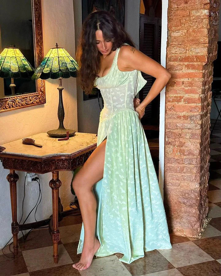 Chiffon Maxi Dress with Floral Embroidery, A-Line Cut, and Slit Design - Alejandra