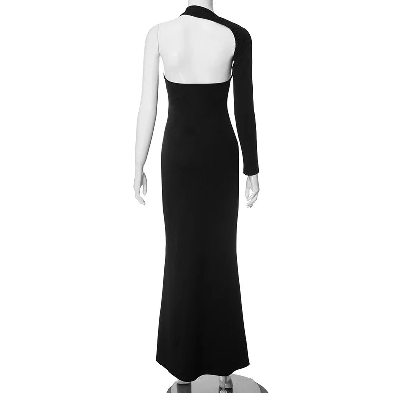 Asymmetric maxi evening dress with deep slit and one sleeve - Eva