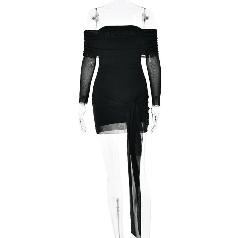 Chiffon mini dress with off-shoulder tie design - CAMI