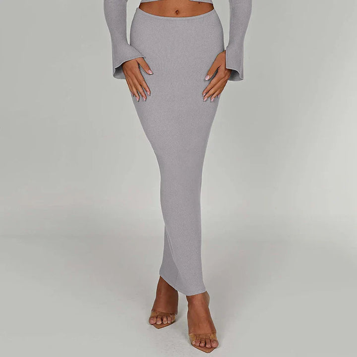 Knitted two-piece set: button-up shirt and fitted maxi skirt - MARIEL