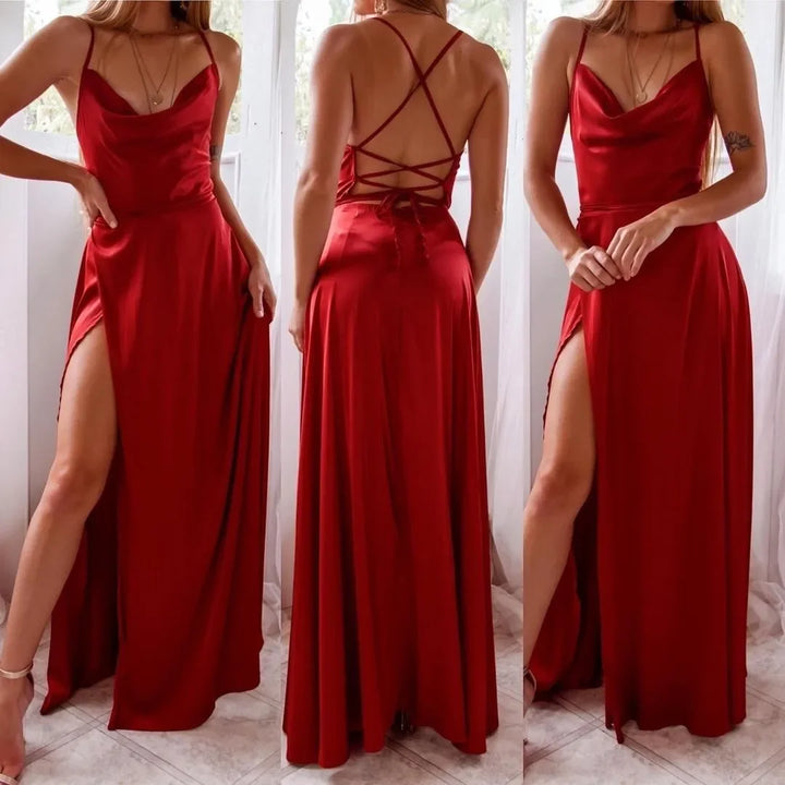 Maxi Satin Dress with Slit Detail and Back Tie - Leona